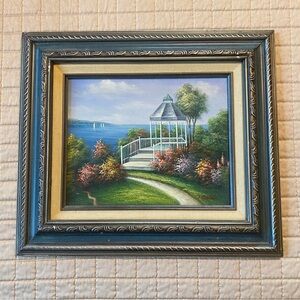 🍀Signed J. BELDA Framed Landscape Painting with Gazebo
